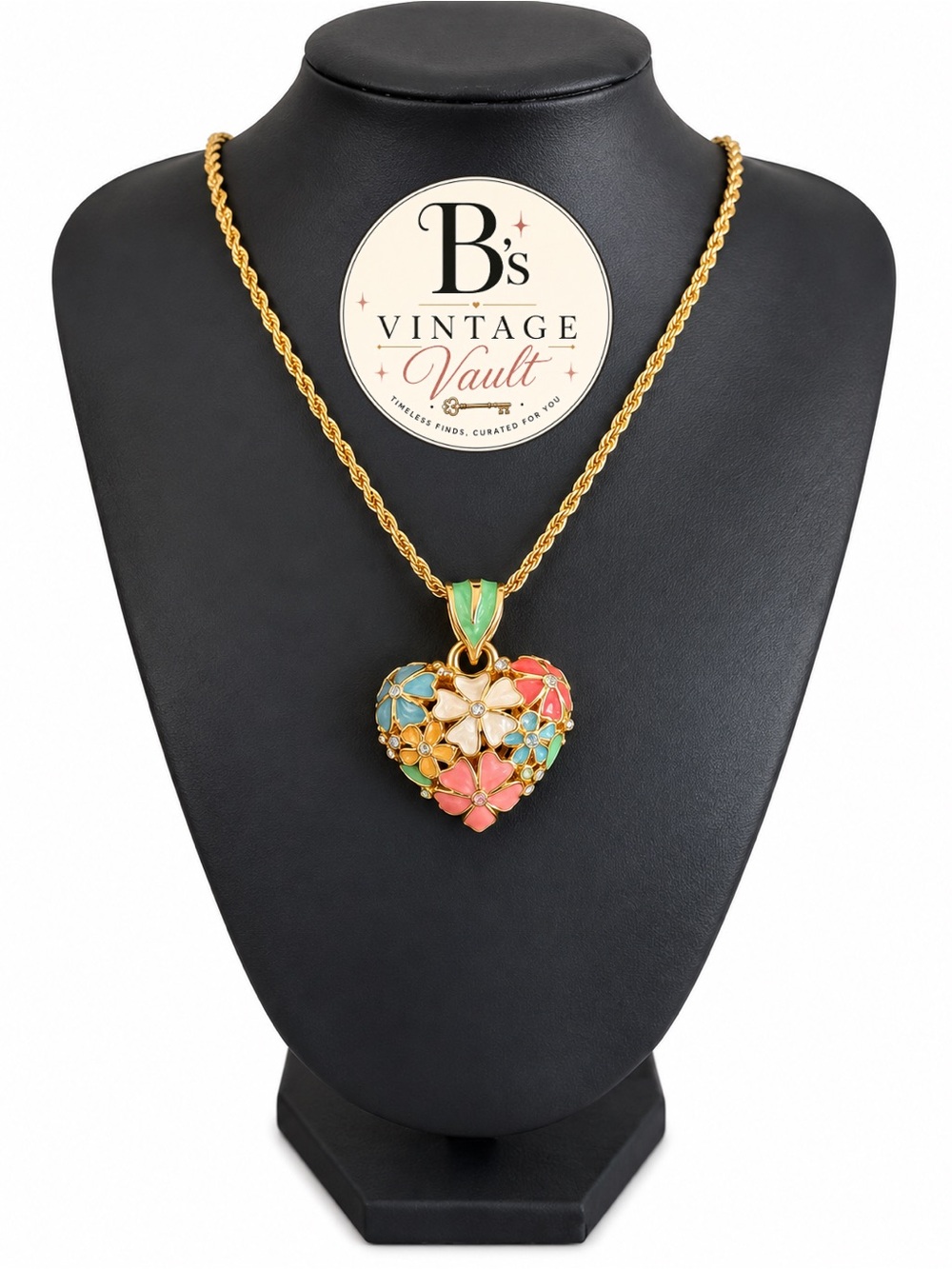 1990s Joan Rivers Gold-Tone Multicolor Enamel Floral Heart Pendant Necklace